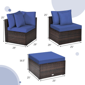 Includes 2 corner sofas  1armless table and 1 ottoman for versatile use<br>Sturdy powder-coated steel frame provides strong durability and stability<br>All-weather and wear-resistant PE rattan provides a long service life<br>Thick and soft sponge padded c