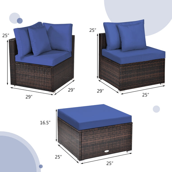 Includes 2 corner sofas  1armless table and 1 ottoman for versatile use<br>Sturdy powder-coated steel frame provides strong durability and stability<br>All-weather and wear-resistant PE rattan provides a long service life<br>Thick and soft sponge padded c