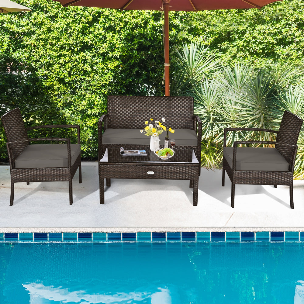 Made of sturdy and solid steel frame with all weather PE rattan  this patio rattan furniture set can keep stability and durability for long time use. Â  Breathable and soft cushions will hold you comfortably and the cover of cushion can be removed with sm