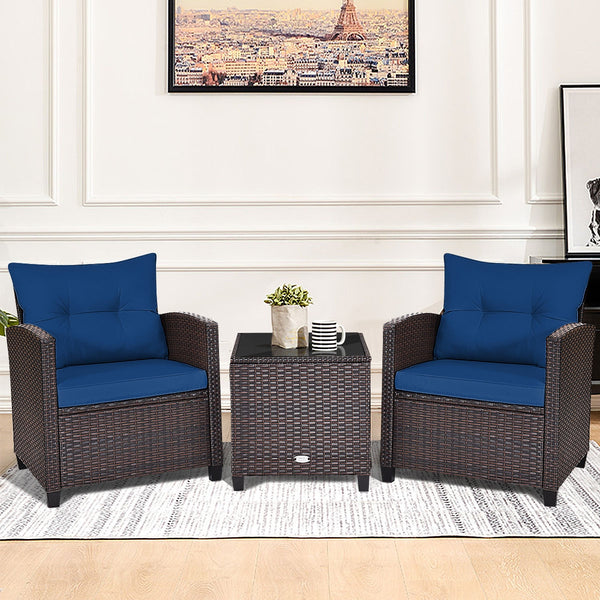 The strong and sturdy steel frame ensures the sturdiness of the set<br>Hand-woven rattan can withstand moderate rain or wind in outdoor<br>A wide armrest in suitable height is good for supporting and relaxing your arm<br>Thick and soft cushion with a high