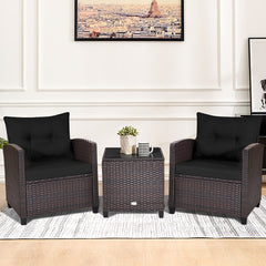The strong and sturdy steel frame ensures the sturdiness of the set<br>Hand-woven rattan can withstand moderate rain or wind in outdoor<br>A wide armrest in suitable height is good for supporting and relaxing your arm<br>Thick and soft cushion with a high