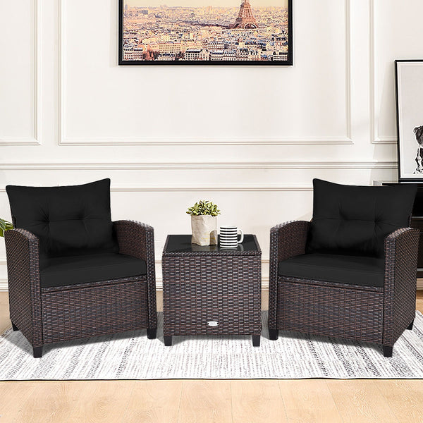 The strong and sturdy steel frame ensures the sturdiness of the set<br>Hand-woven rattan can withstand moderate rain or wind in outdoor<br>A wide armrest in suitable height is good for supporting and relaxing your arm<br>Thick and soft cushion with a high