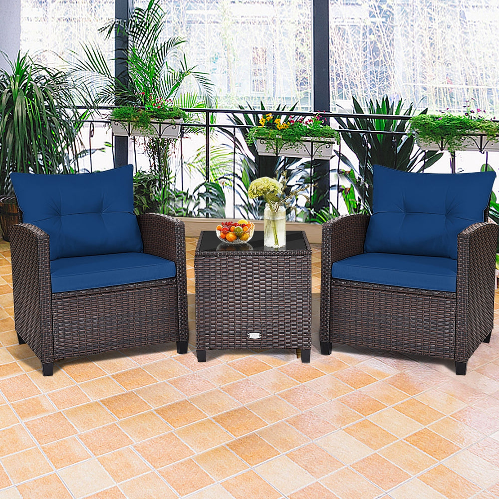 The strong and sturdy steel frame ensures the sturdiness of the set<br>Hand-woven rattan can withstand moderate rain or wind in outdoor<br>A wide armrest in suitable height is good for supporting and relaxing your arm<br>Thick and soft cushion with a high