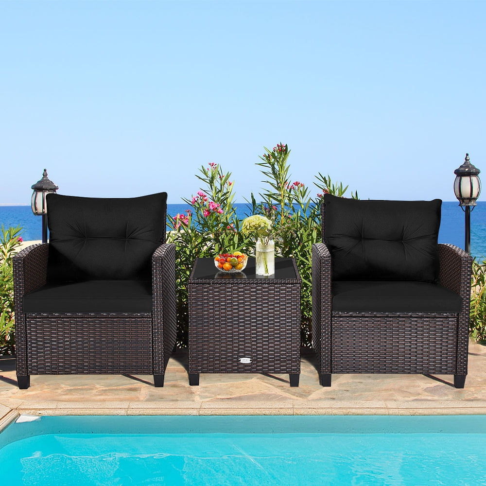 The strong and sturdy steel frame ensures the sturdiness of the set<br>Hand-woven rattan can withstand moderate rain or wind in outdoor<br>A wide armrest in suitable height is good for supporting and relaxing your arm<br>Thick and soft cushion with a high