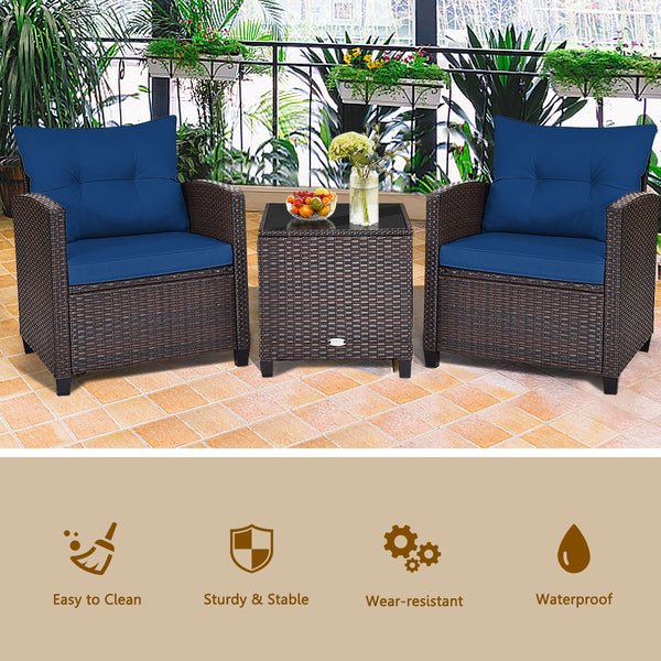 The strong and sturdy steel frame ensures the sturdiness of the set<br>Hand-woven rattan can withstand moderate rain or wind in outdoor<br>A wide armrest in suitable height is good for supporting and relaxing your arm<br>Thick and soft cushion with a high