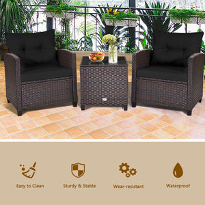The strong and sturdy steel frame ensures the sturdiness of the set<br>Hand-woven rattan can withstand moderate rain or wind in outdoor<br>A wide armrest in suitable height is good for supporting and relaxing your arm<br>Thick and soft cushion with a high