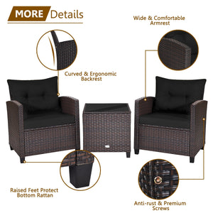 The strong and sturdy steel frame ensures the sturdiness of the set<br>Hand-woven rattan can withstand moderate rain or wind in outdoor<br>A wide armrest in suitable height is good for supporting and relaxing your arm<br>Thick and soft cushion with a high