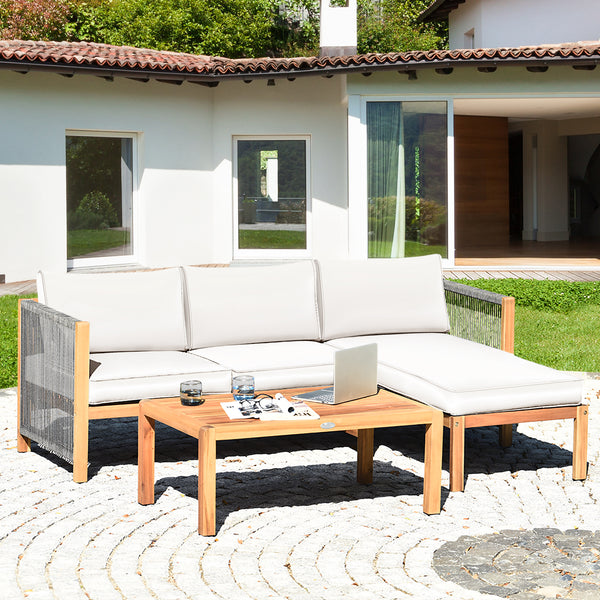 We commit to design a sofa set with elegant appearance to create a private corner. Â  Made of premium acacia wood  the frame is sturdy and durable for long time use. And it is stable with large weight capacity. The set comes with extra thick and high-resi
