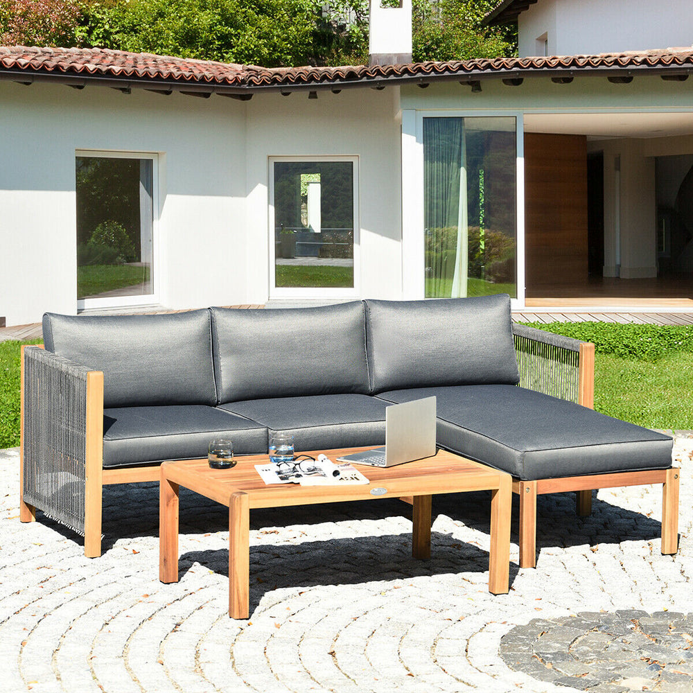 We commit to design a sofa set with elegant appearance to create a private corner. Â  Made of premium acacia wood  the frame is sturdy and durable for long time use. And it is stable with large weight capacity. The set comes with extra thick and high-resi