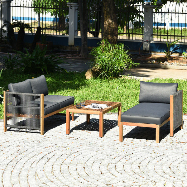 We commit to design a sofa set with elegant appearance to create a private corner. Â  Made of premium acacia wood  the frame is sturdy and durable for long time use. And it is stable with large weight capacity. The set comes with extra thick and high-resi
