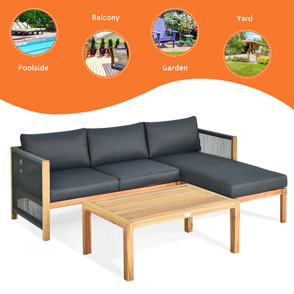 We commit to design a sofa set with elegant appearance to create a private corner. Â  Made of premium acacia wood  the frame is sturdy and durable for long time use. And it is stable with large weight capacity. The set comes with extra thick and high-resi