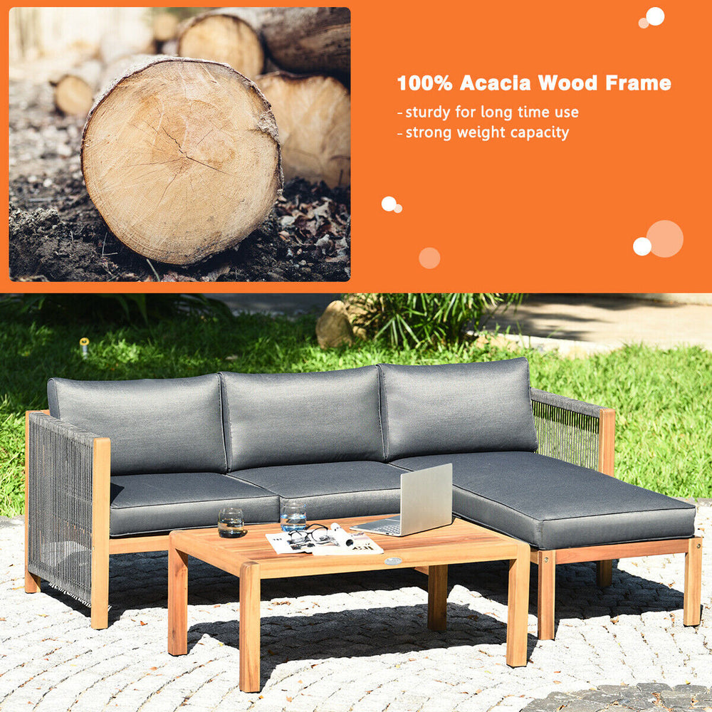 We commit to design a sofa set with elegant appearance to create a private corner. Â  Made of premium acacia wood  the frame is sturdy and durable for long time use. And it is stable with large weight capacity. The set comes with extra thick and high-resi
