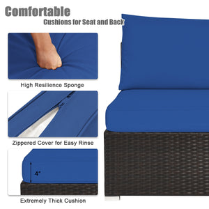 Package includes 2 Corner sofas 2 Armless sofas 1 Ottoman 1 Tempered glass table 5 Seat cushions 6 Back cushions and 1 User guide<br>Sturdy and solid steel frame ensures the sturdiness of the set<br>Tight and hand-woven rattan wraps the steel frame<br>Thi