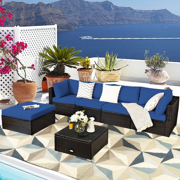 Package includes 2 Corner sofas 2 Armless sofas 1 Ottoman 1 Tempered glass table 5 Seat cushions 6 Back cushions and 1 User guide<br>Sturdy and solid steel frame ensures the sturdiness of the set<br>Tight and hand-woven rattan wraps the steel frame<br>Thi