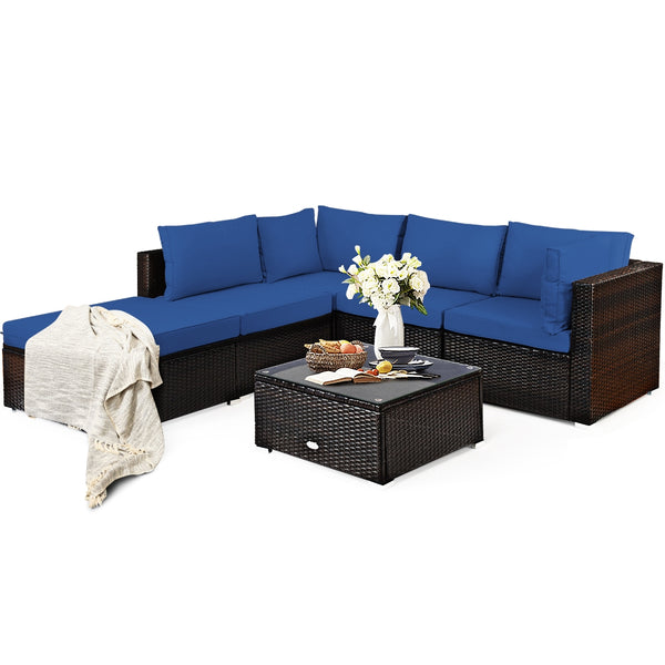 Package includes 2 Corner sofas 2 Armless sofas 1 Ottoman 1 Tempered glass table 5 Seat cushions 6 Back cushions and 1 User guide<br>Sturdy and solid steel frame ensures the sturdiness of the set<br>Tight and hand-woven rattan wraps the steel frame<br>Thi