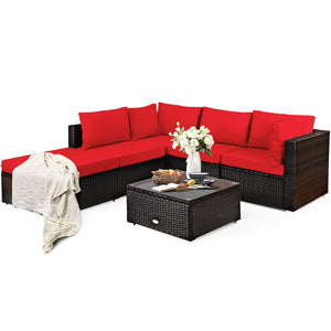 Package includes 2 Corner sofas 2 Armless sofas 1 Ottoman 1 Tempered glass table 5 Seat cushions 6 Back cushions and 1 User guide<br>Sturdy and solid steel frame ensures the sturdiness of the set<br>Tight and hand-woven rattan wraps the steel frame<br>Thi