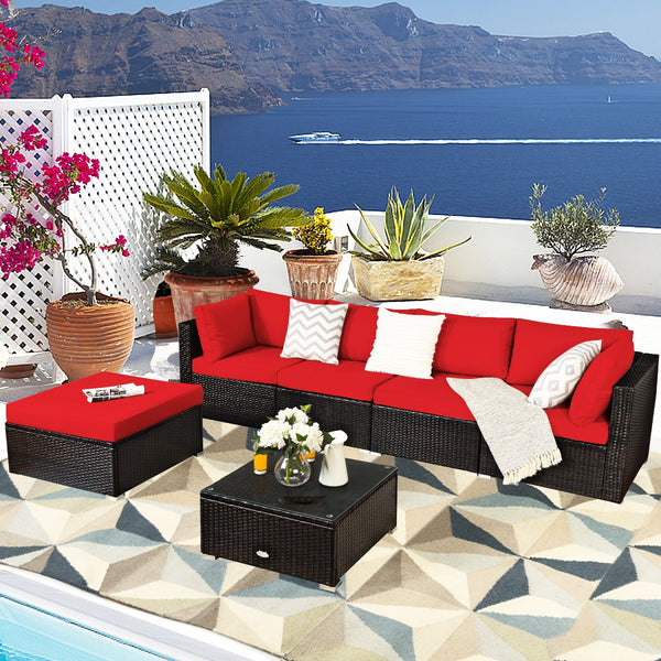 Package includes 2 Corner sofas 2 Armless sofas 1 Ottoman 1 Tempered glass table 5 Seat cushions 6 Back cushions and 1 User guide<br>Sturdy and solid steel frame ensures the sturdiness of the set<br>Tight and hand-woven rattan wraps the steel frame<br>Thi