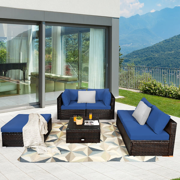 Package includes 2 Corner sofas 2 Armless sofas 1 Ottoman 1 Tempered glass table 5 Seat cushions 6 Back cushions and 1 User guide<br>Sturdy and solid steel frame ensures the sturdiness of the set<br>Tight and hand-woven rattan wraps the steel frame<br>Thi