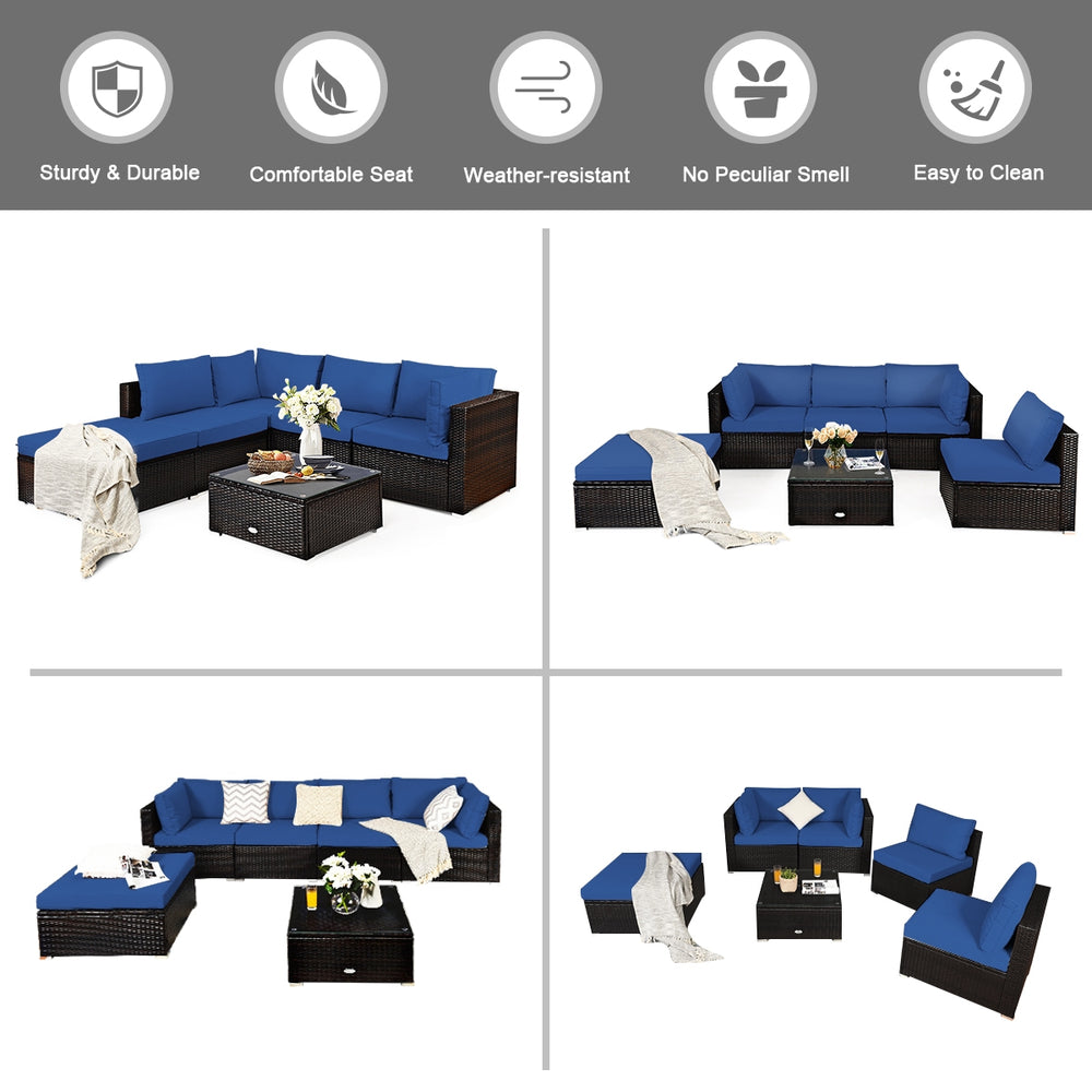 Package includes 2 Corner sofas 2 Armless sofas 1 Ottoman 1 Tempered glass table 5 Seat cushions 6 Back cushions and 1 User guide<br>Sturdy and solid steel frame ensures the sturdiness of the set<br>Tight and hand-woven rattan wraps the steel frame<br>Thi