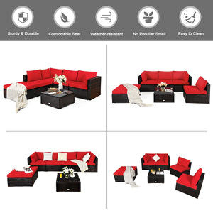 Package includes 2 Corner sofas 2 Armless sofas 1 Ottoman 1 Tempered glass table 5 Seat cushions 6 Back cushions and 1 User guide<br>Sturdy and solid steel frame ensures the sturdiness of the set<br>Tight and hand-woven rattan wraps the steel frame<br>Thi