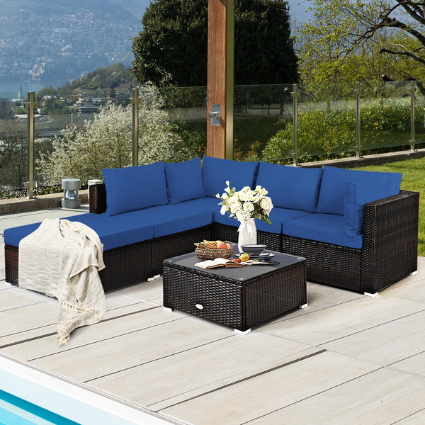 Package includes 2 Corner sofas 2 Armless sofas 1 Ottoman 1 Tempered glass table 5 Seat cushions 6 Back cushions and 1 User guide<br>Sturdy and solid steel frame ensures the sturdiness of the set<br>Tight and hand-woven rattan wraps the steel frame<br>Thi