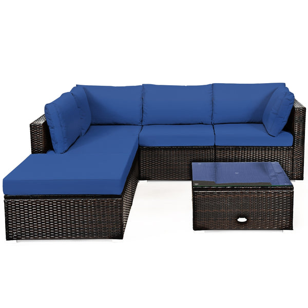 Package includes 2 Corner sofas 2 Armless sofas 1 Ottoman 1 Tempered glass table 5 Seat cushions 6 Back cushions and 1 User guide<br>Sturdy and solid steel frame ensures the sturdiness of the set<br>Tight and hand-woven rattan wraps the steel frame<br>Thi