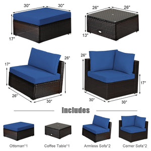 Package includes 2 Corner sofas 2 Armless sofas 1 Ottoman 1 Tempered glass table 5 Seat cushions 6 Back cushions and 1 User guide<br>Sturdy and solid steel frame ensures the sturdiness of the set<br>Tight and hand-woven rattan wraps the steel frame<br>Thi
