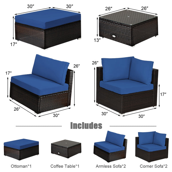 Package includes 2 Corner sofas 2 Armless sofas 1 Ottoman 1 Tempered glass table 5 Seat cushions 6 Back cushions and 1 User guide<br>Sturdy and solid steel frame ensures the sturdiness of the set<br>Tight and hand-woven rattan wraps the steel frame<br>Thi