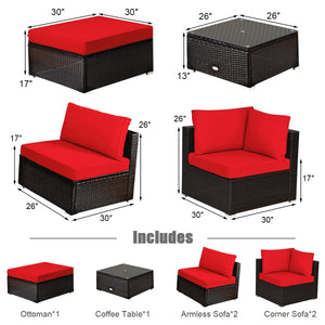 Package includes 2 Corner sofas 2 Armless sofas 1 Ottoman 1 Tempered glass table 5 Seat cushions 6 Back cushions and 1 User guide<br>Sturdy and solid steel frame ensures the sturdiness of the set<br>Tight and hand-woven rattan wraps the steel frame<br>Thi