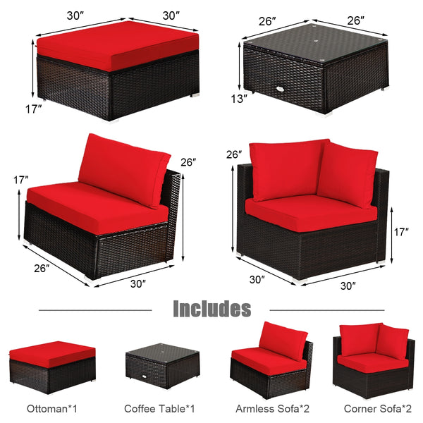 Package includes 2 Corner sofas 2 Armless sofas 1 Ottoman 1 Tempered glass table 5 Seat cushions 6 Back cushions and 1 User guide<br>Sturdy and solid steel frame ensures the sturdiness of the set<br>Tight and hand-woven rattan wraps the steel frame<br>Thi