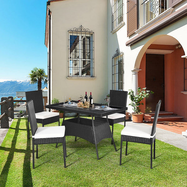 High-quality steel materials can ensure to last<br>Durable and weather-resistant PE rattan provides a long service life<br>The dining table with a tempered glass top provides spacious dining space<br>The cushions with hook and loop fasteners make you feel