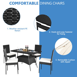 High-quality steel materials can ensure to last<br>Durable and weather-resistant PE rattan provides a long service life<br>The dining table with a tempered glass top provides spacious dining space<br>The cushions with hook and loop fasteners make you feel