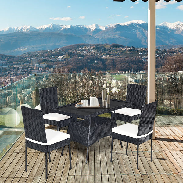 High-quality steel materials can ensure to last<br>Durable and weather-resistant PE rattan provides a long service life<br>The dining table with a tempered glass top provides spacious dining space<br>The cushions with hook and loop fasteners make you feel