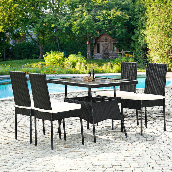 High-quality steel materials can ensure to last<br>Durable and weather-resistant PE rattan provides a long service life<br>The dining table with a tempered glass top provides spacious dining space<br>The cushions with hook and loop fasteners make you feel