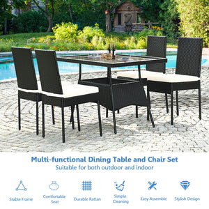 High-quality steel materials can ensure to last<br>Durable and weather-resistant PE rattan provides a long service life<br>The dining table with a tempered glass top provides spacious dining space<br>The cushions with hook and loop fasteners make you feel