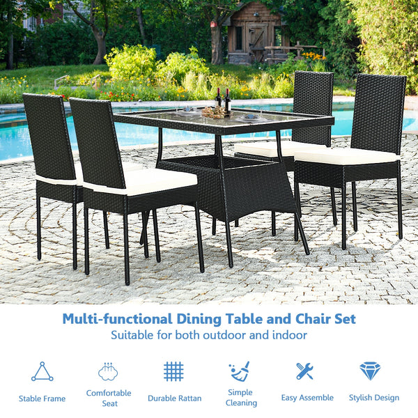 High-quality steel materials can ensure to last<br>Durable and weather-resistant PE rattan provides a long service life<br>The dining table with a tempered glass top provides spacious dining space<br>The cushions with hook and loop fasteners make you feel