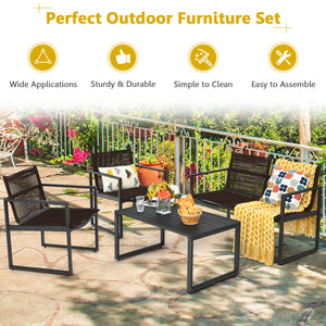 The patio conversation set is made of premium steel and durable polyester  which has a large load-bearing capacity and can be used for a long time. Â  The 4 pieces of patio furniture set will provide you and your family with a comfortable space for conver