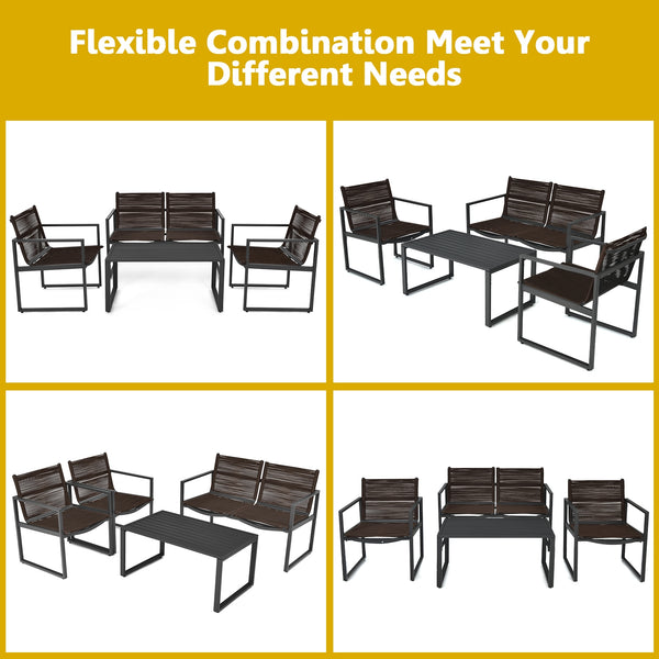 The patio conversation set is made of premium steel and durable polyester  which has a large load-bearing capacity and can be used for a long time. Â  The 4 pieces of patio furniture set will provide you and your family with a comfortable space for conver