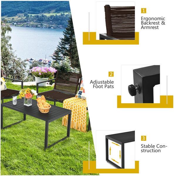 The patio conversation set is made of premium steel and durable polyester  which has a large load-bearing capacity and can be used for a long time. Â  The 4 pieces of patio furniture set will provide you and your family with a comfortable space for conver