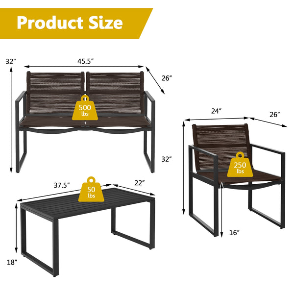 The patio conversation set is made of premium steel and durable polyester  which has a large load-bearing capacity and can be used for a long time. Â  The 4 pieces of patio furniture set will provide you and your family with a comfortable space for conver