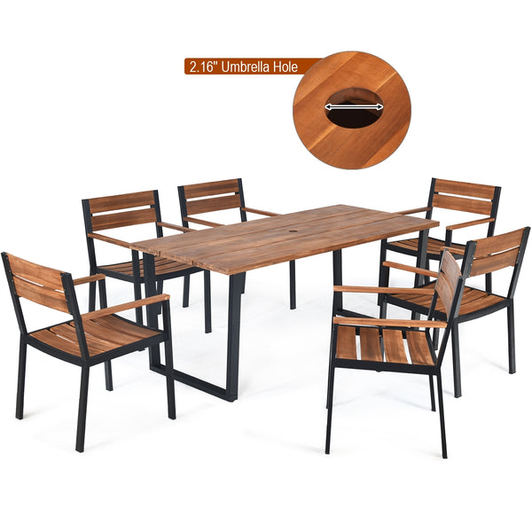 Made of strong acacia wood and metal frame  this patio dining table set can provide an ideal gathering place for you to eat outdoors with your family or friends.Â  Â  If it is sunny or rainy  you don't have to worry about the weather. With the help of the
