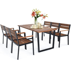 Made of strong acacia wood and metal frame  this patio dining table set can provide an ideal gathering place for you to eat outdoors with your family or friends.Â  Â  If it is sunny or rainy  you don't have to worry about the weather. With the help of the