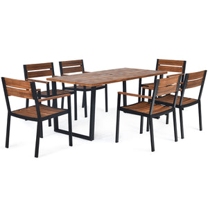 Made of strong acacia wood and metal frame  this patio dining table set can provide an ideal gathering place for you to eat outdoors with your family or friends.Â  Â  If it is sunny or rainy  you don't have to worry about the weather. With the help of the