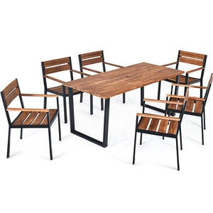 Made of strong acacia wood and metal frame  this patio dining table set can provide an ideal gathering place for you to eat outdoors with your family or friends.Â  Â  If it is sunny or rainy  you don't have to worry about the weather. With the help of the