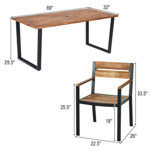 Made of strong acacia wood and metal frame  this patio dining table set can provide an ideal gathering place for you to eat outdoors with your family or friends.Â  Â  If it is sunny or rainy  you don't have to worry about the weather. With the help of the