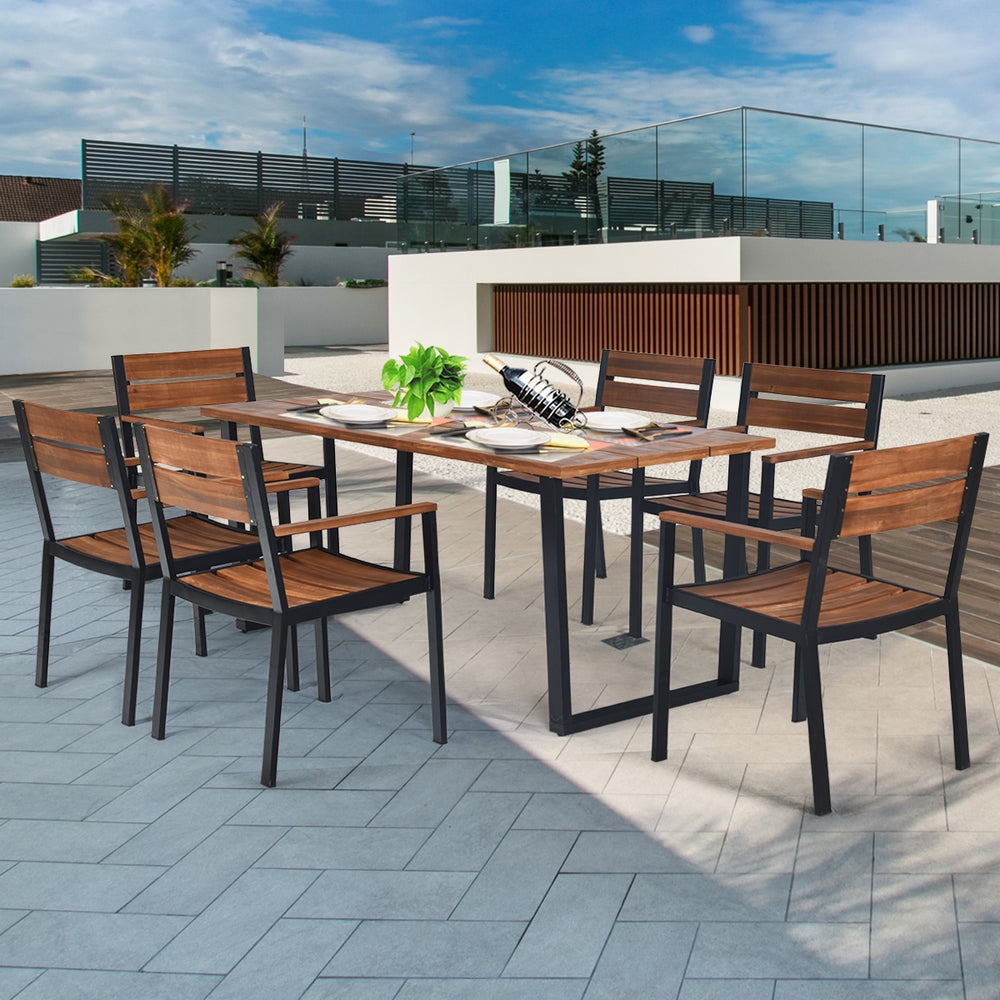Made of strong acacia wood and metal frame  this patio dining table set can provide an ideal gathering place for you to eat outdoors with your family or friends.Â  Â  If it is sunny or rainy  you don't have to worry about the weather. With the help of the