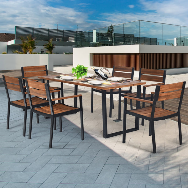 Made of strong acacia wood and metal frame  this patio dining table set can provide an ideal gathering place for you to eat outdoors with your family or friends.Â  Â  If it is sunny or rainy  you don't have to worry about the weather. With the help of the