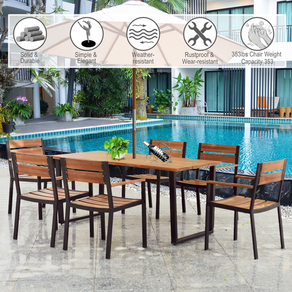Made of strong acacia wood and metal frame  this patio dining table set can provide an ideal gathering place for you to eat outdoors with your family or friends.Â  Â  If it is sunny or rainy  you don't have to worry about the weather. With the help of the