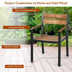 Made of strong acacia wood and metal frame  this patio dining table set can provide an ideal gathering place for you to eat outdoors with your family or friends.Â  Â  If it is sunny or rainy  you don't have to worry about the weather. With the help of the