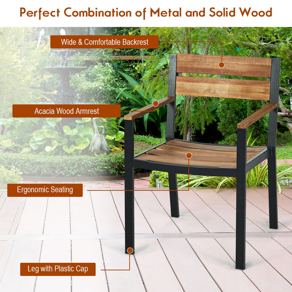 Made of strong acacia wood and metal frame  this patio dining table set can provide an ideal gathering place for you to eat outdoors with your family or friends.Â  Â  If it is sunny or rainy  you don't have to worry about the weather. With the help of the